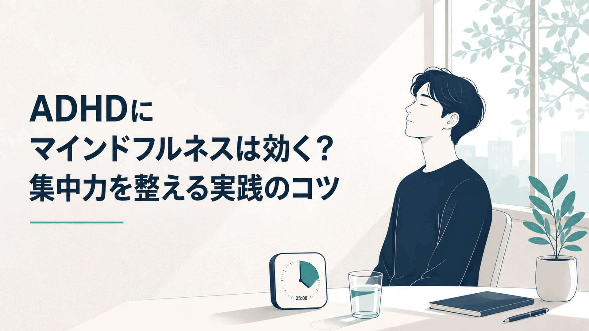 窓辺で目を閉じ、ゆっくり呼吸する人。机にはタイマーと水。朝のやわらかい光