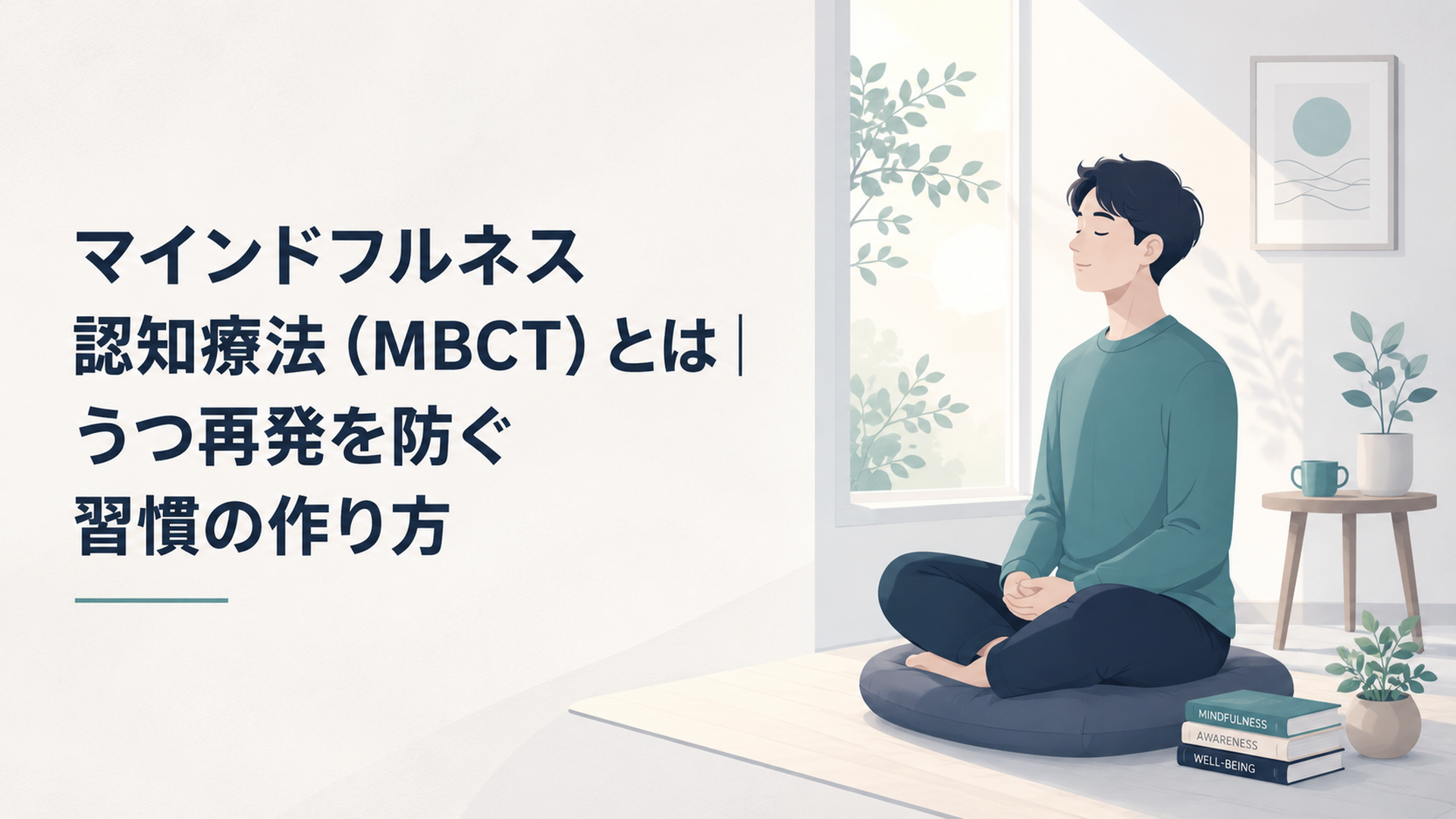静かな朝の窓辺で、一人がクッションに座り、ゆっくり呼吸をしながら穏やかに目を閉じている様子