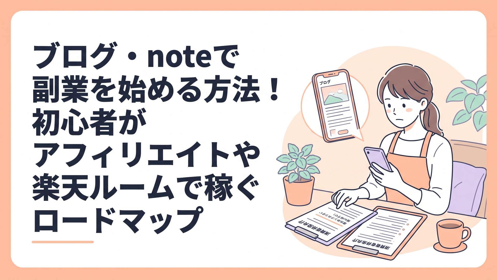 スマートフォンと消費者庁のガイドライン書類を見比べながら、真剣な表情でブログ記事のチェックをしているエプロン姿の女性のイラスト