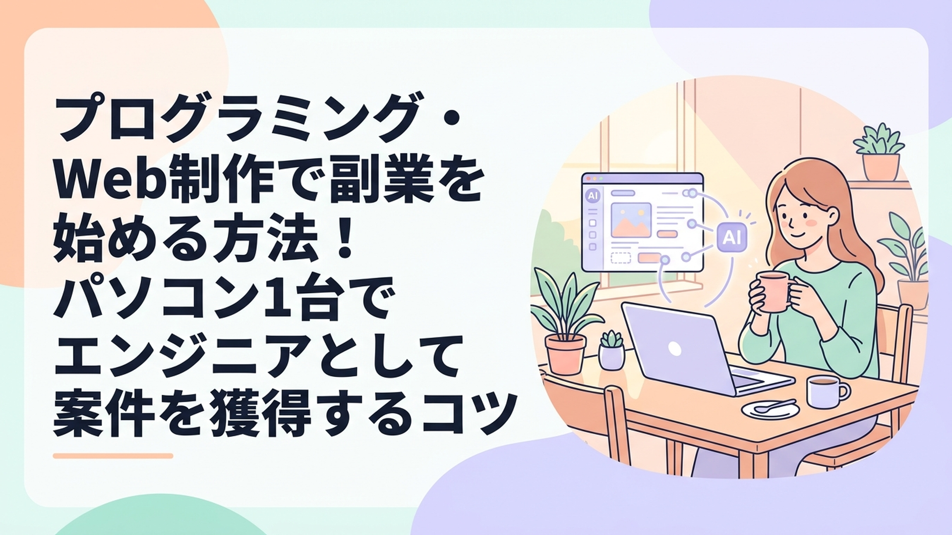 明るい日差しが差し込むダイニングテーブルで、コーヒーを飲みながらノートパソコンで最新のAIツールを活用してWeb制作を行う笑顔の女性