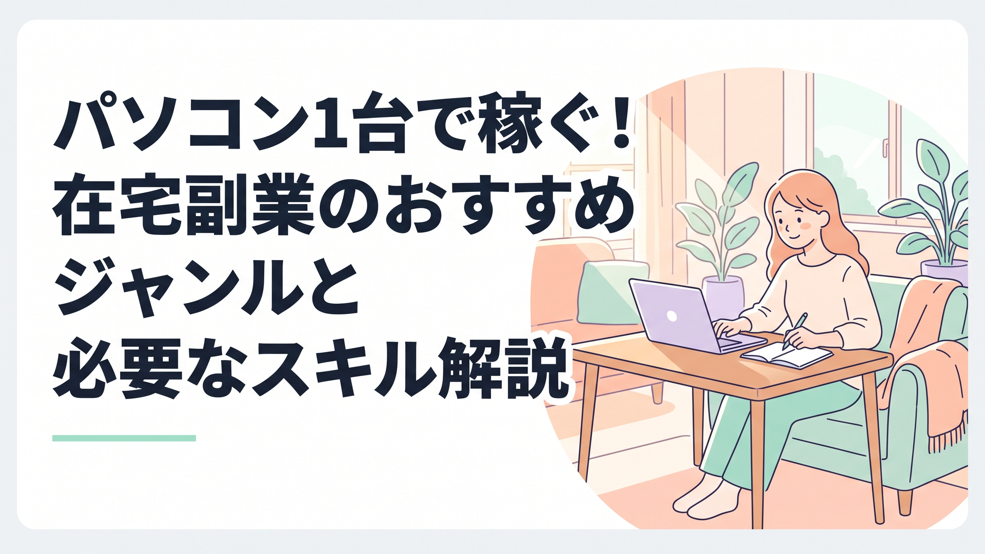 日差しの入るリビングで、安心した表情でノートパソコンの画面を見つめながらメモを取る女性