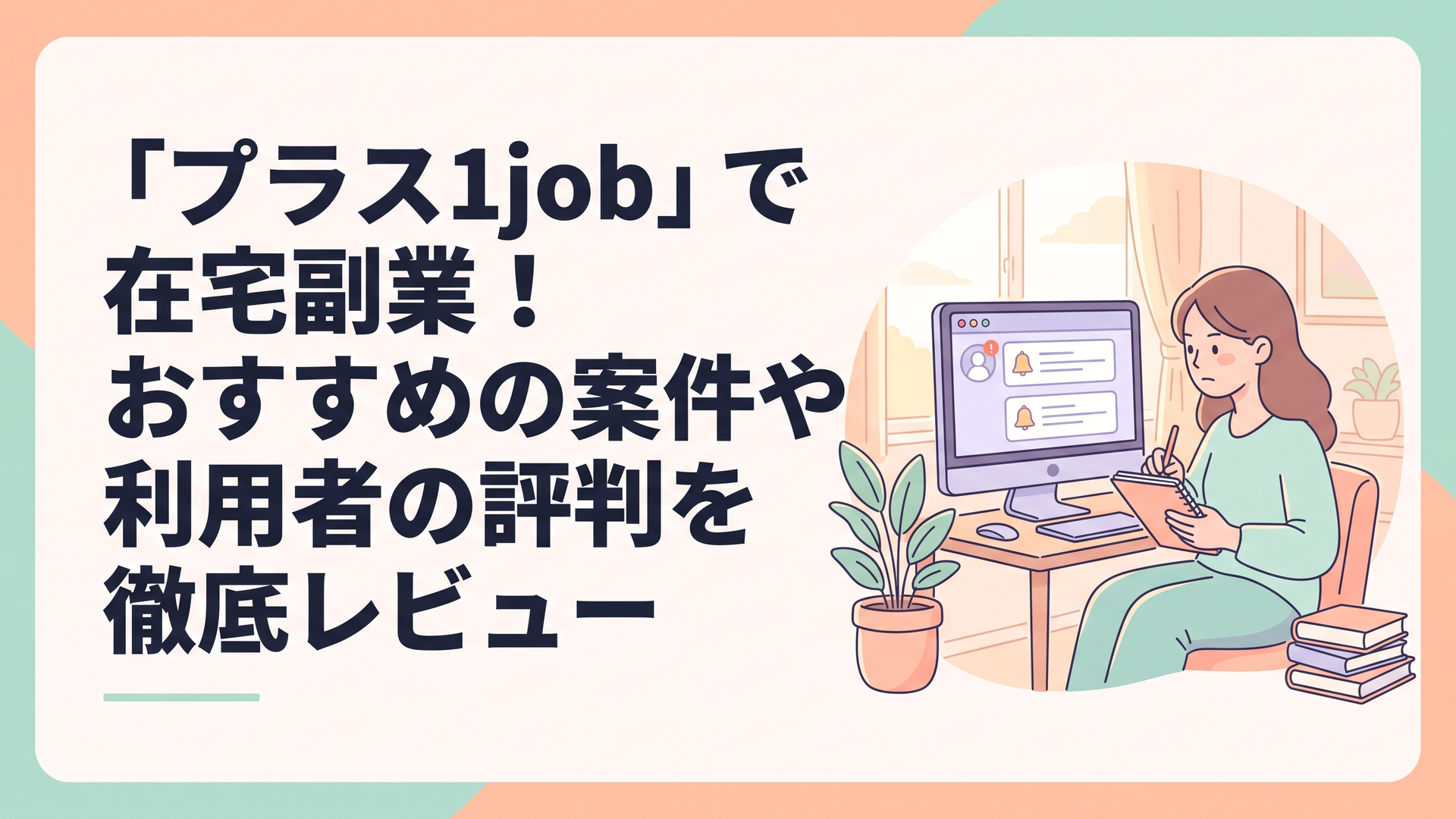 パソコンの画面に表示されたお知らせを、真剣な表情で見つめながら手元のノートにメモを取る主婦の姿