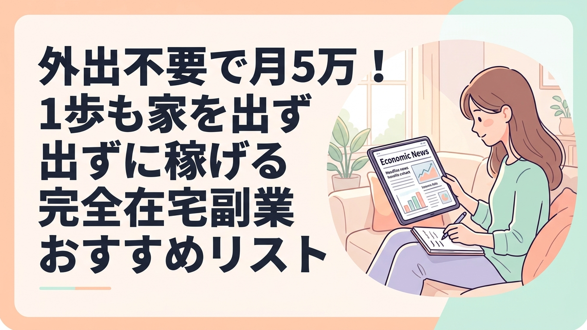 新聞や経済ニュースが映るタブレットを真剣な眼差しで読み解きながらノートにまとめている主婦
