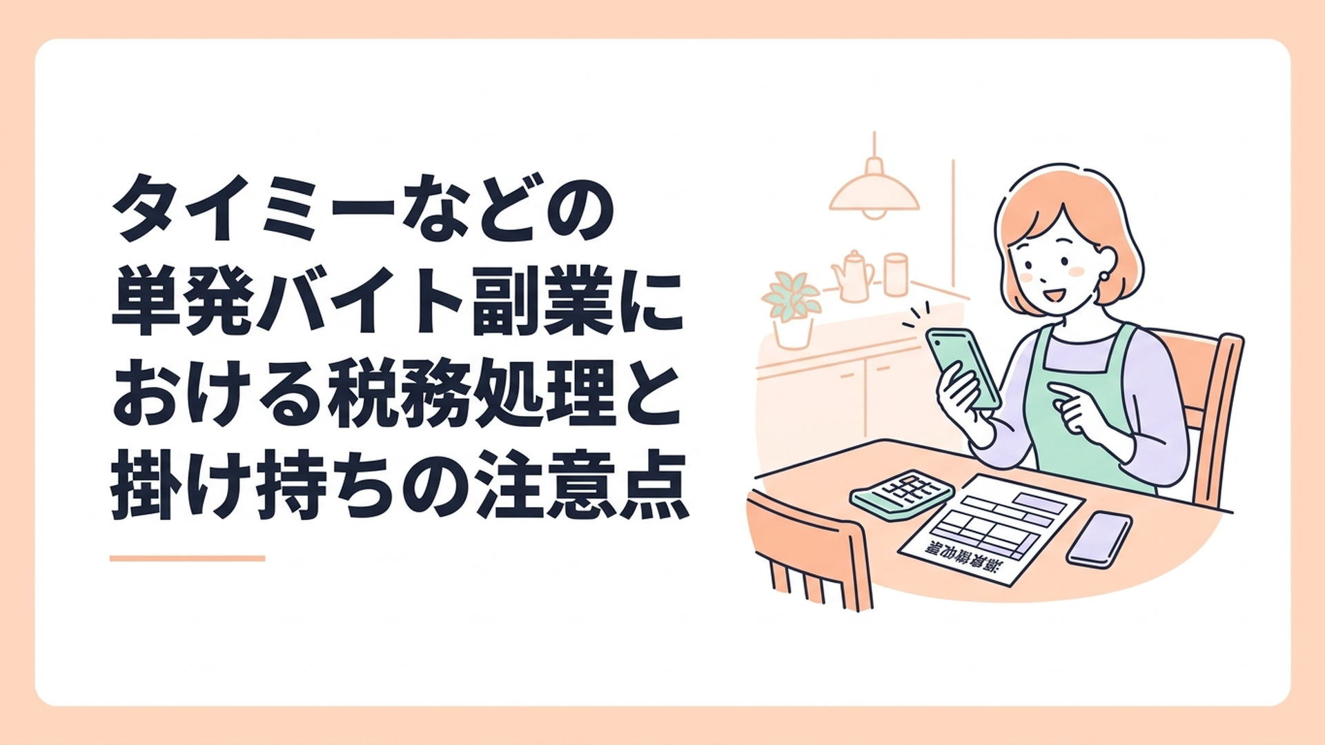 スマホと源泉徴収票を見比べながら、ダイニングテーブルで確定申告の準備をしてほっとした表情を浮かべる主婦の様子