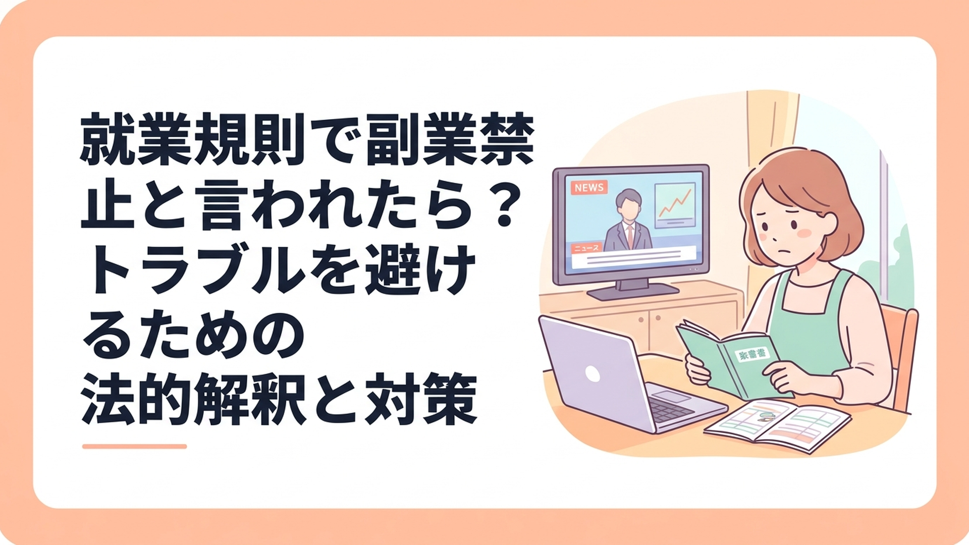 ニュース番組が流れるテレビを背に、真剣な表情で家計簿とパソコンに向かう主婦のイラスト