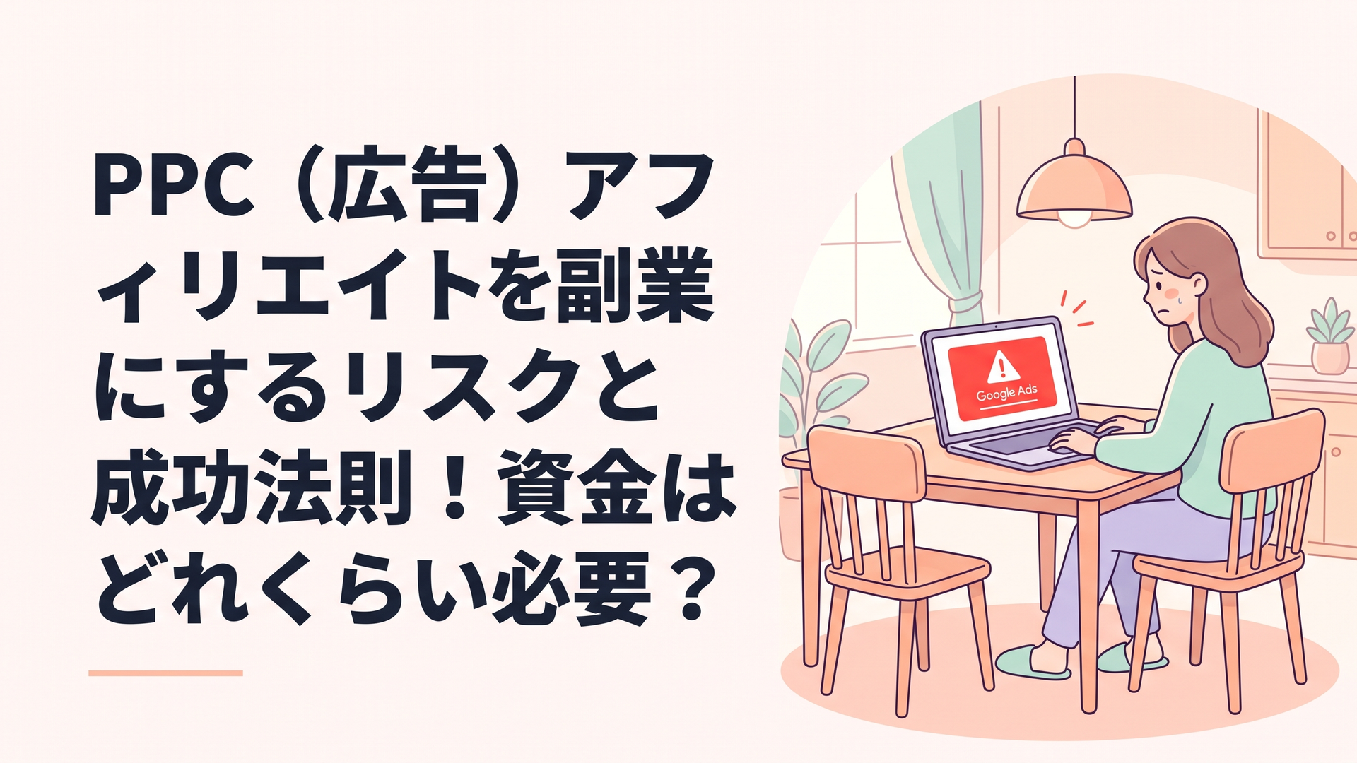 ダイニングテーブルでノートパソコンを開き、Google広告の赤い警告画面を見て少し不安そうな表情を浮かべている女性の姿