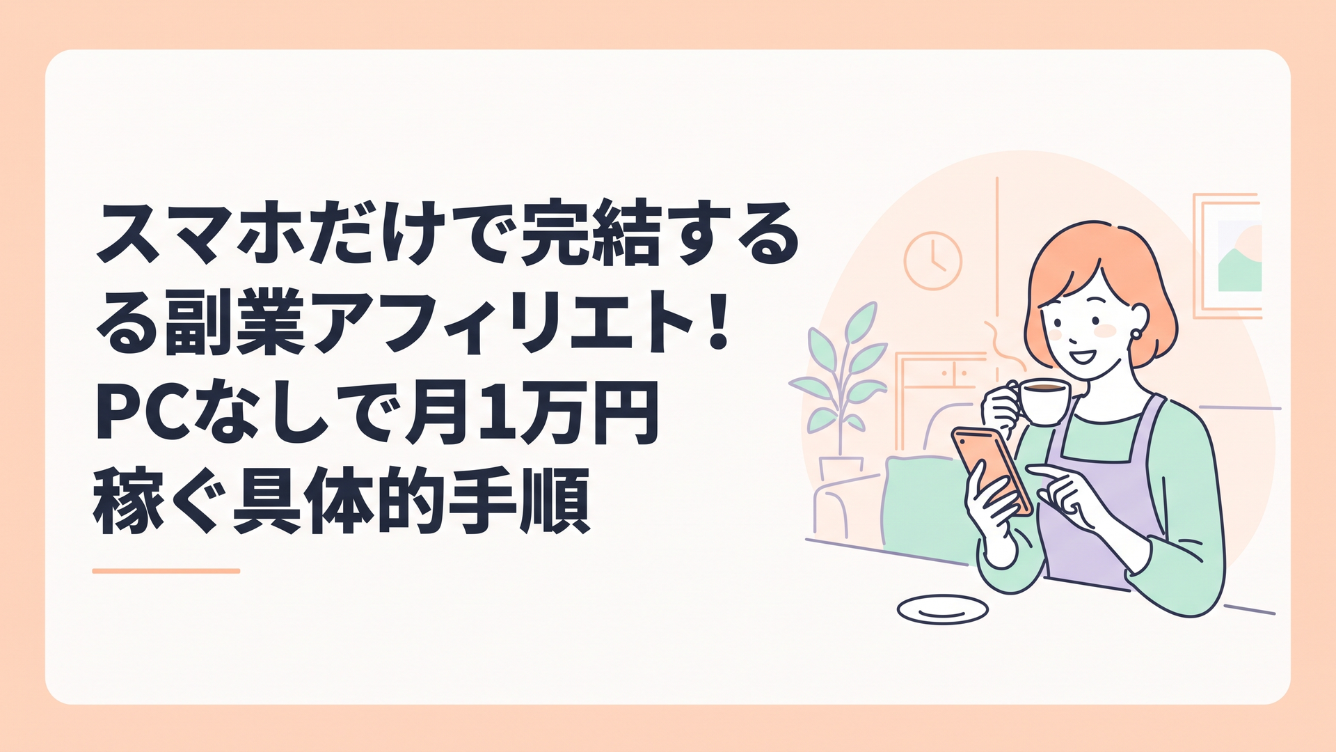 明るいリビングで、コーヒーを飲みながらスマホを操作して微笑む主婦の姿