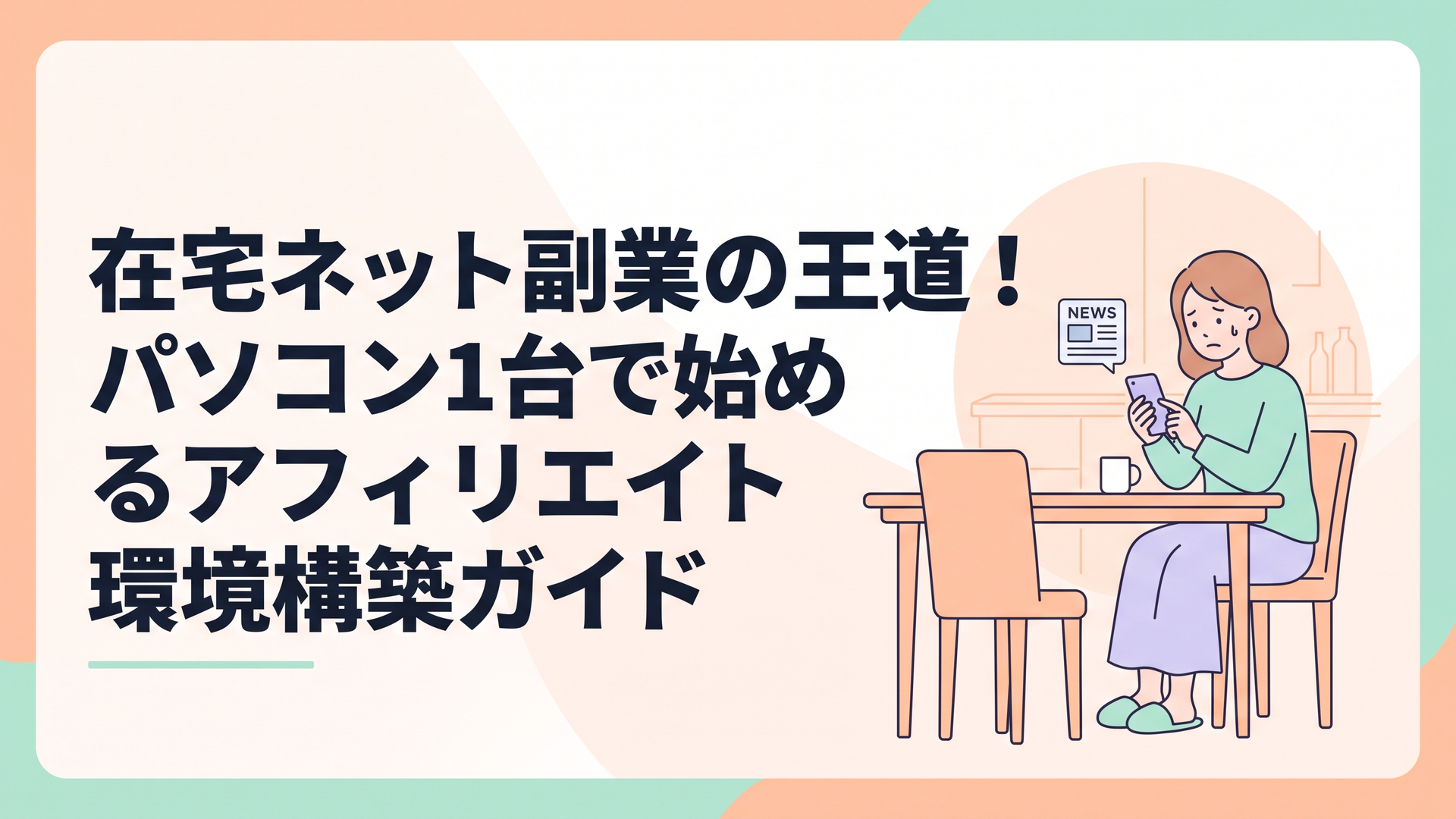ダイニングテーブルでスマートフォンを見ながら、少し不安そうな表情でニュース画面を読んでいる女性