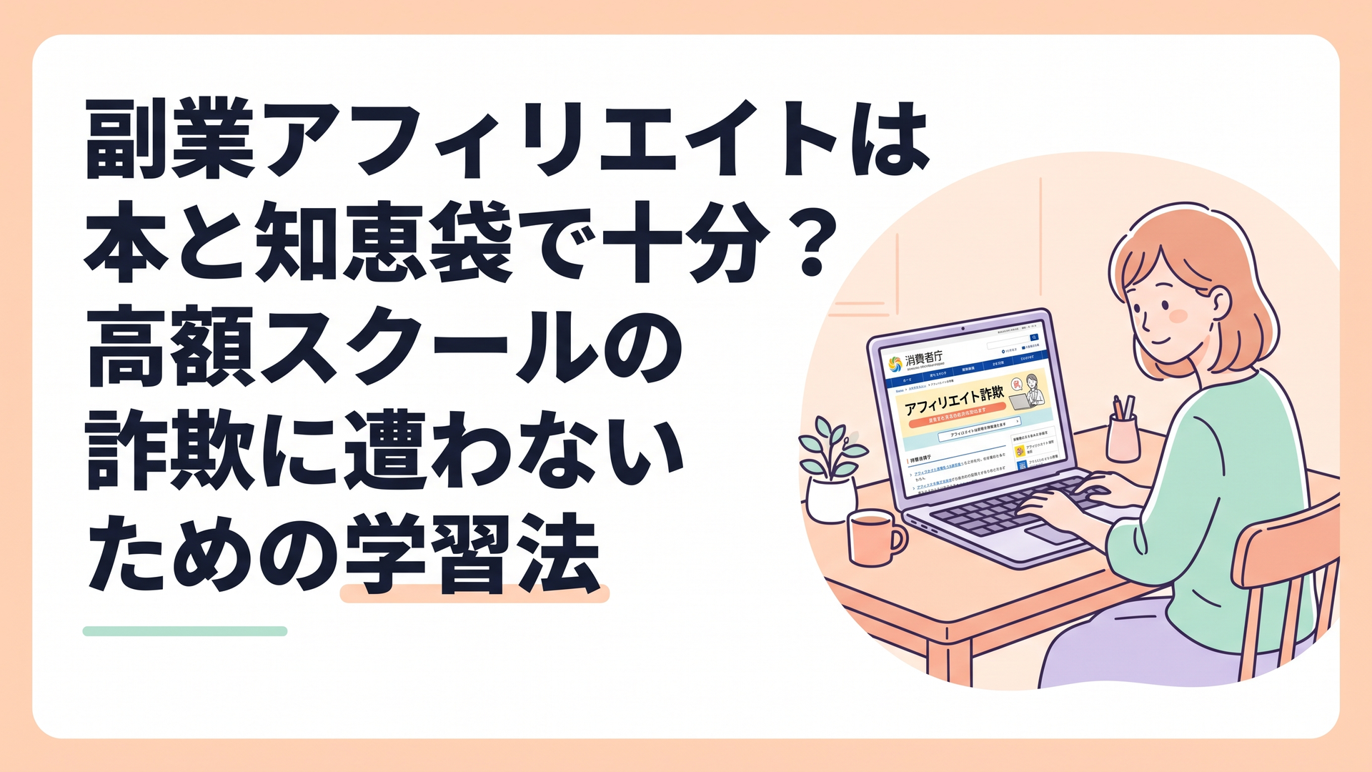 ダイニングテーブルでノートパソコンを開き、消費者庁のホームページを見ながら真剣にアフィリエイトの詐欺手口について学んでいる主婦