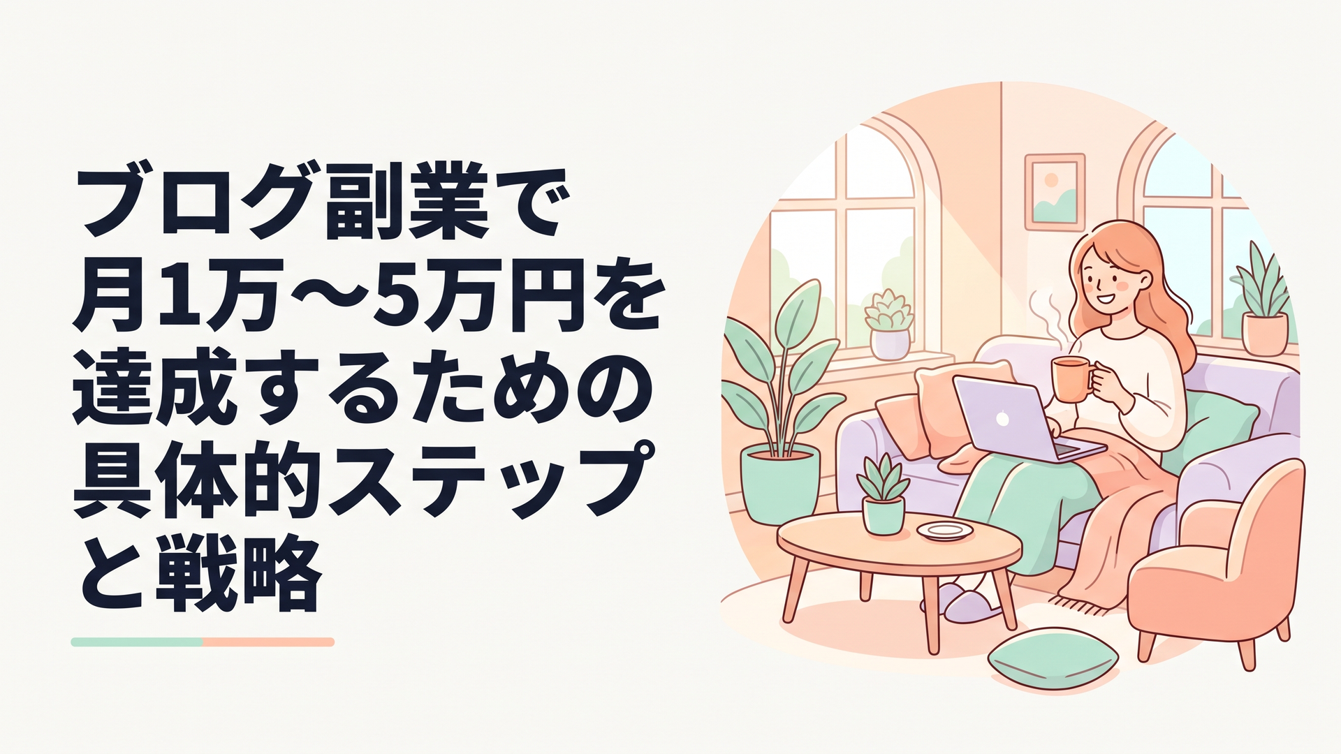 日当たりの良いリビングで、あたたかいお茶を飲みながらリラックスした表情でノートパソコンに向かっている主婦の姿