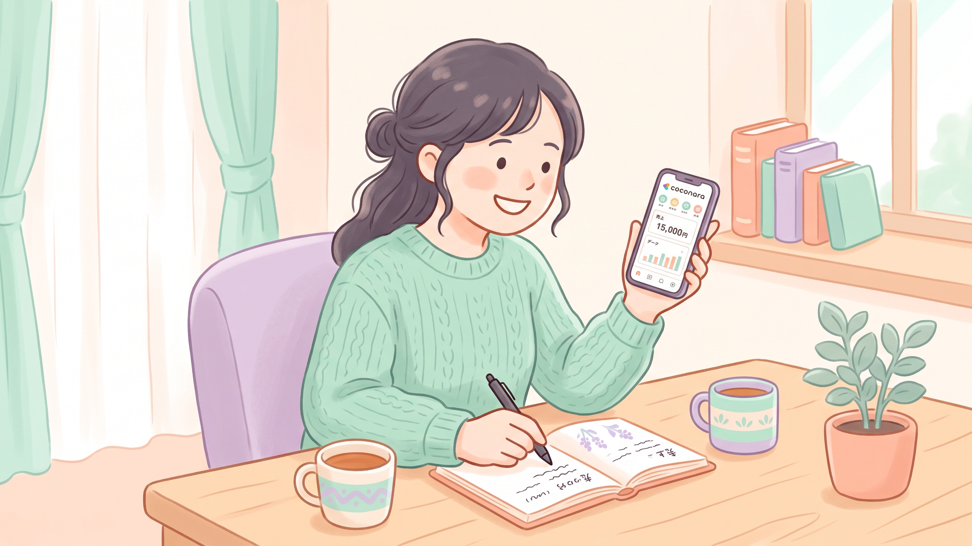 スマホの画面に映るココナラのアプリ画面を嬉しそうに見つめ、手帳に販売記録を書き込んでいる女性のイラスト