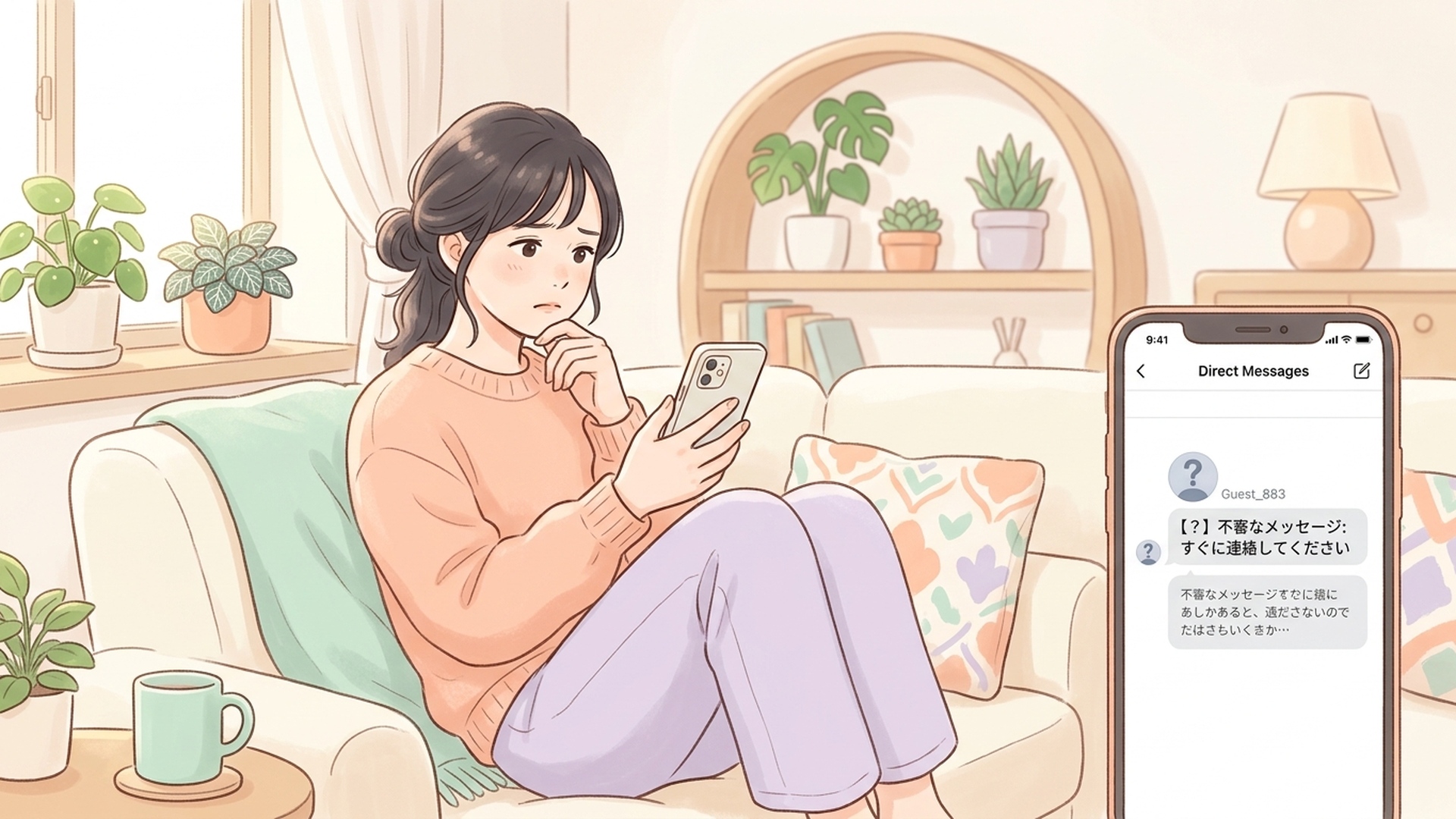 スマートフォンの画面を見て、不審なダイレクトメッセージに少し不安そうな表情で考え込んでいる女性