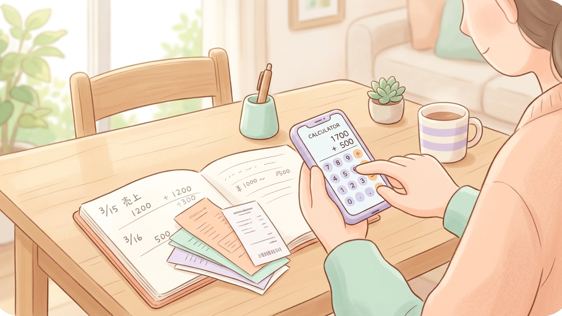 ダイニングテーブルの上に領収書と売上をメモしたノートを広げ、スマートフォンの電卓機能を使って丁寧に帳簿をつけている手元の様子