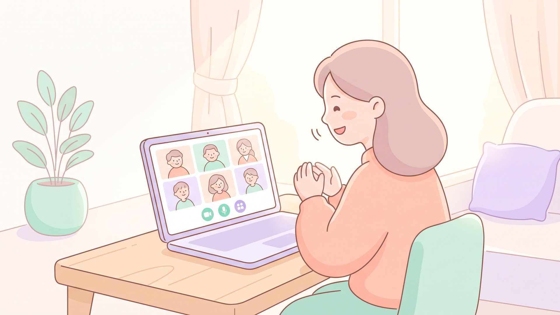 オンライン会議の画面越しに、笑顔で頷きながら優しく打ち合わせをしている女性の様子