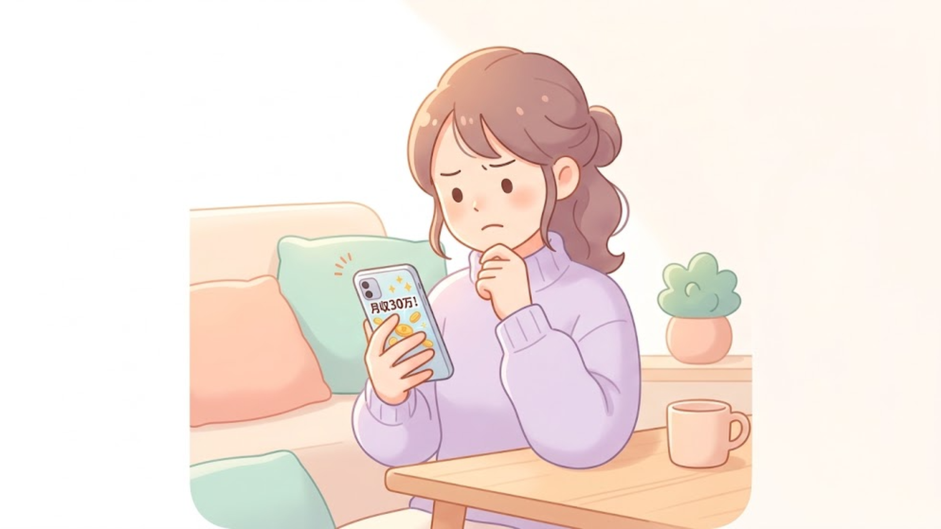 スマホの画面に表示された「月収30万!」の派手な広告を見て、少し眉をひそめて怪しんでいる女性の表情