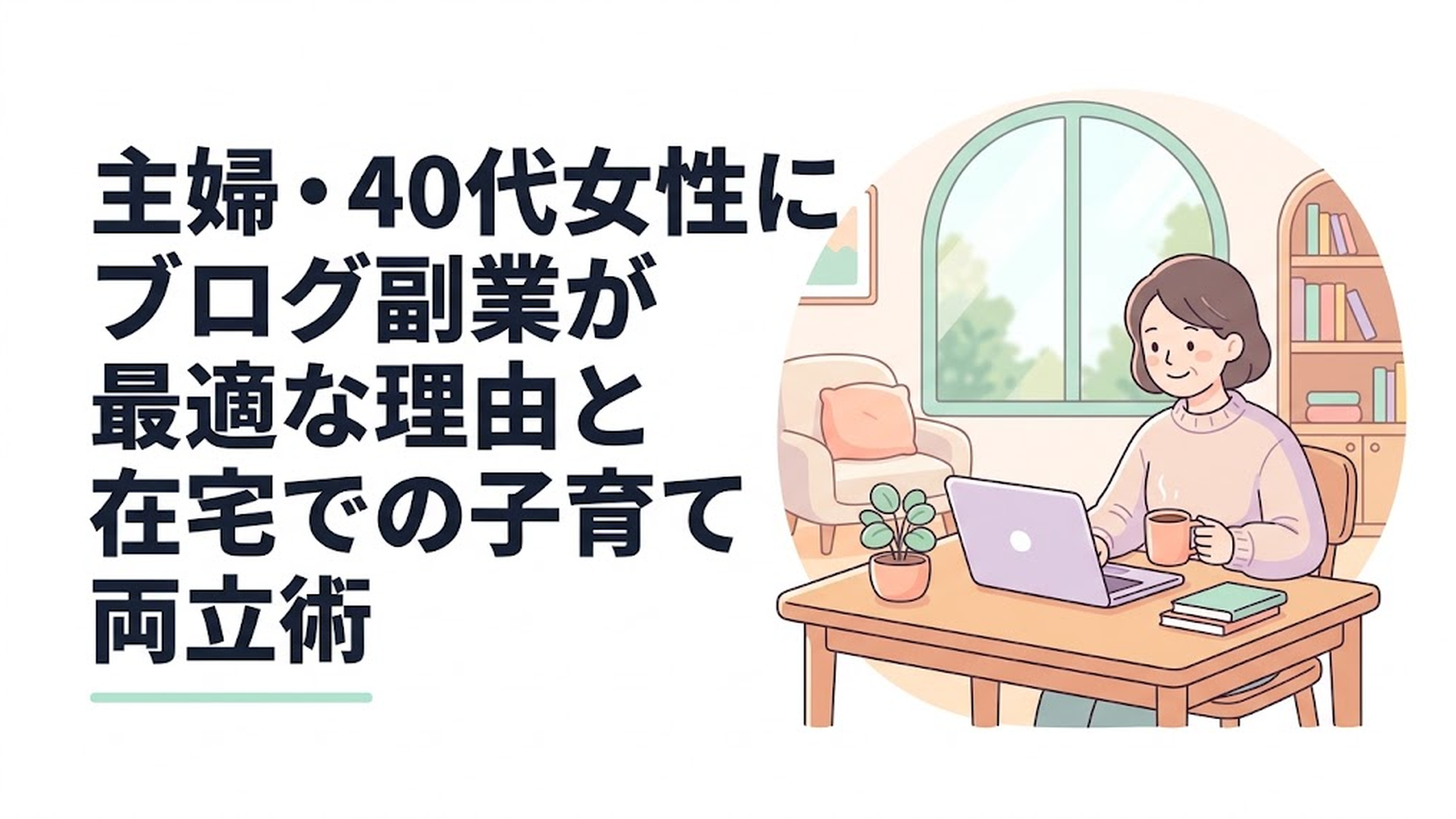 ダイニングテーブルでノートパソコンを開き、コーヒーを飲みながら穏やかに微笑む40代の主婦